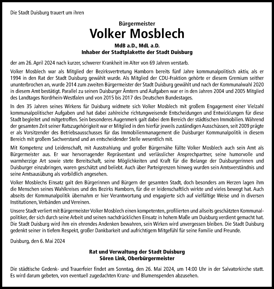  Traueranzeige für Volker Mosblech vom 11.05.2024 aus Tageszeitung