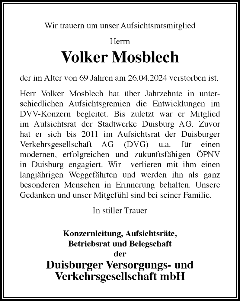  Traueranzeige für Volker Mosblech vom 11.05.2024 aus Tageszeitung