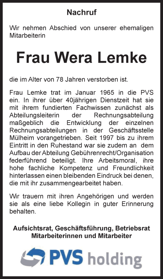 Traueranzeige von Wera Lemke von Tageszeitung