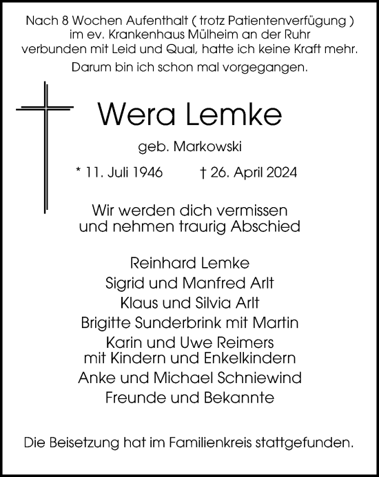 Traueranzeige von Wera Lemke von Tageszeitung