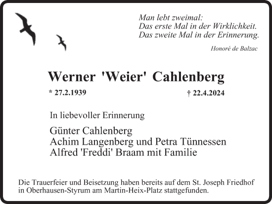 Traueranzeige von Werner Cahlenberg von Tageszeitung