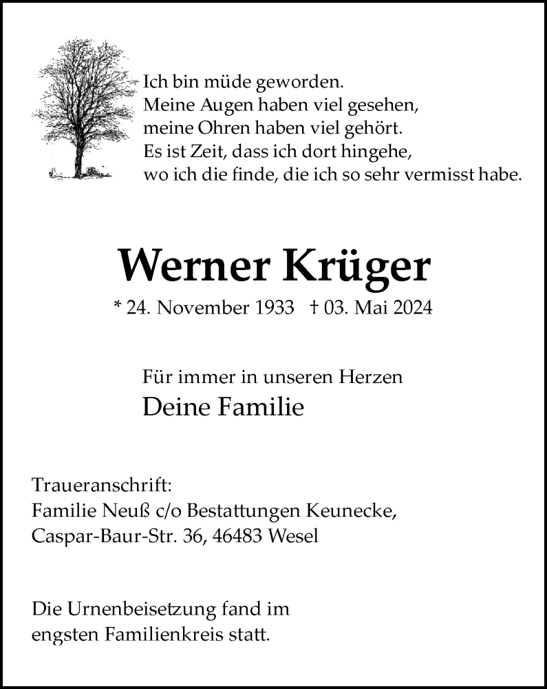  Traueranzeige für Werner Krüger vom 18.05.2024 aus Tageszeitung