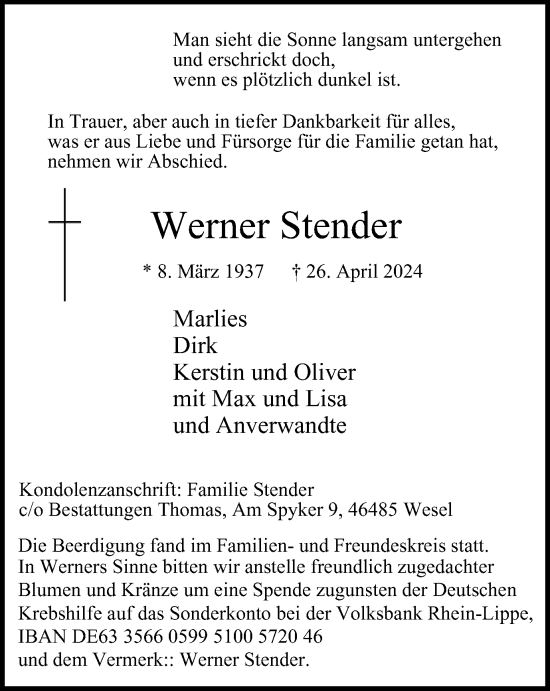 Traueranzeige von Werner Stender von Tageszeitung
