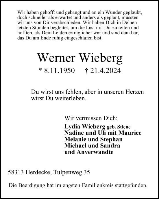 Traueranzeige von Werner Wieberg von Tageszeitung