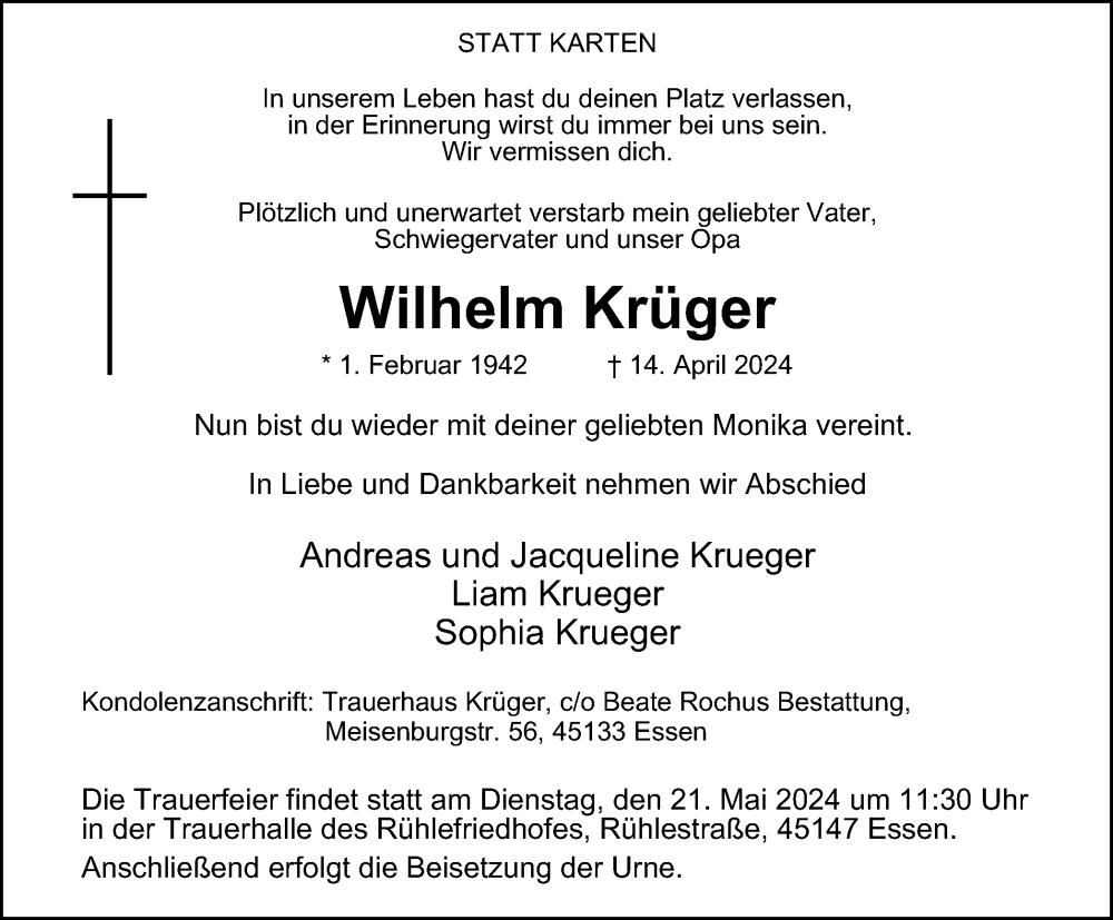  Traueranzeige für Wilhelm Krüger vom 11.05.2024 aus Tageszeitung