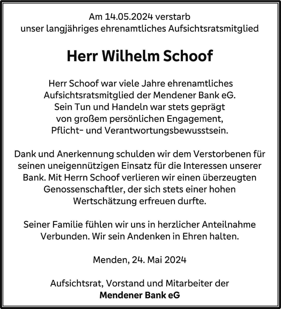  Traueranzeige für Wilhelm Schoof vom 24.05.2024 aus Tageszeitung