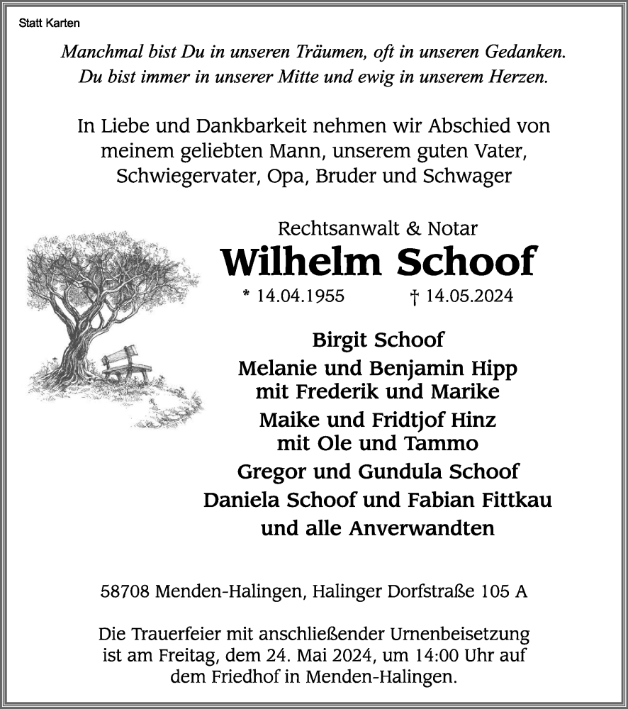  Traueranzeige für Wilhelm Schoof vom 18.05.2024 aus Tageszeitung