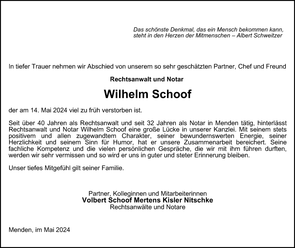  Traueranzeige für Wilhelm Schoof vom 23.05.2024 aus Tageszeitung