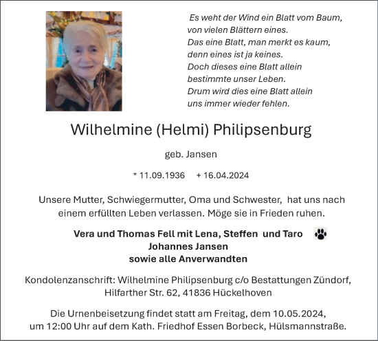 Traueranzeige von Wilhelmine  Philipsenburg von Tageszeitung