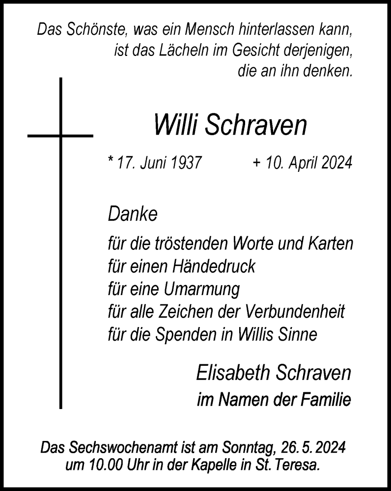  Traueranzeige für Willi Schraven vom 18.05.2024 aus Tageszeitung