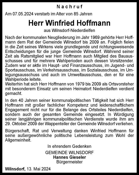 Traueranzeige von Winfried Hoffmann von Tageszeitung