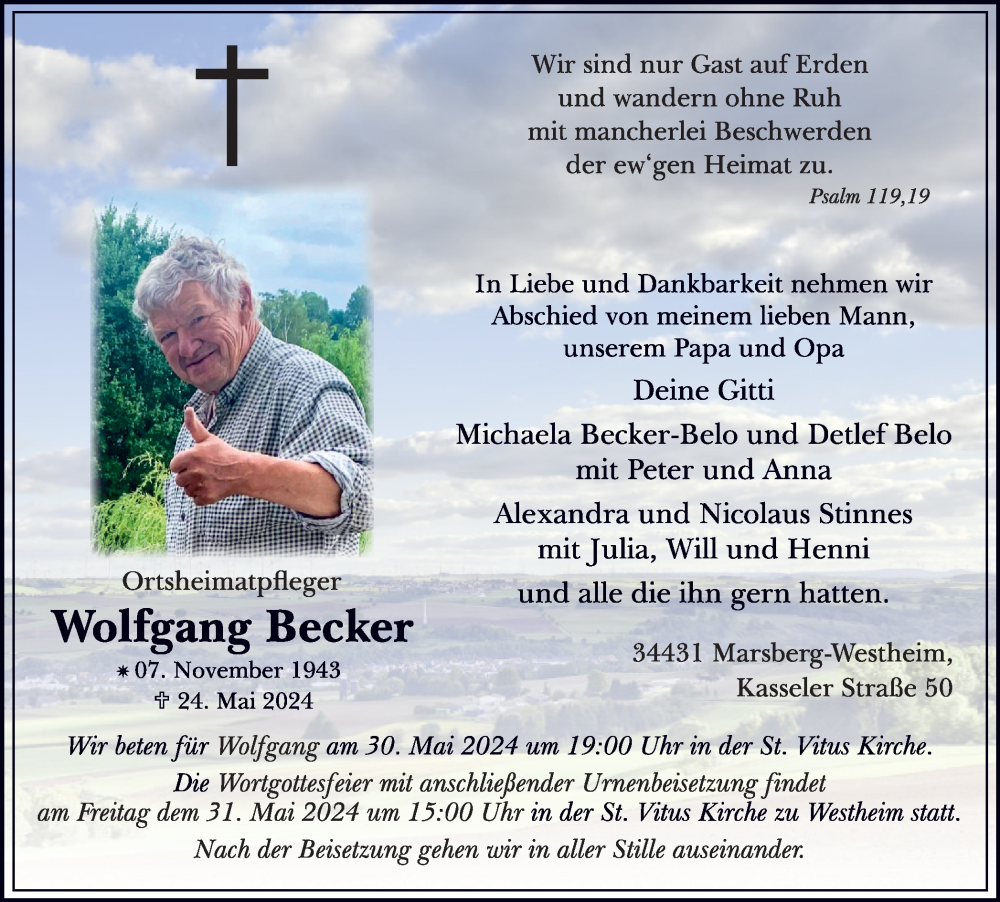  Traueranzeige für Wolfgang Becker vom 29.05.2024 aus Tageszeitung