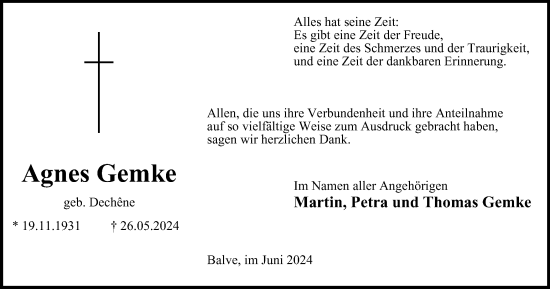 Traueranzeige von Agnes Gemke von Tageszeitung