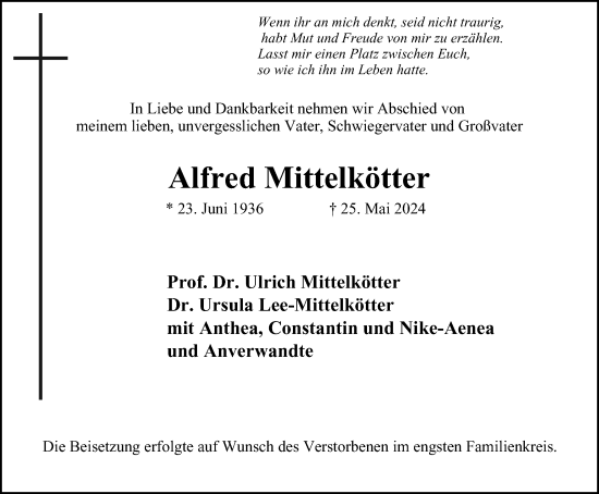 Traueranzeige von Alfred Mittelkötter von Tageszeitung