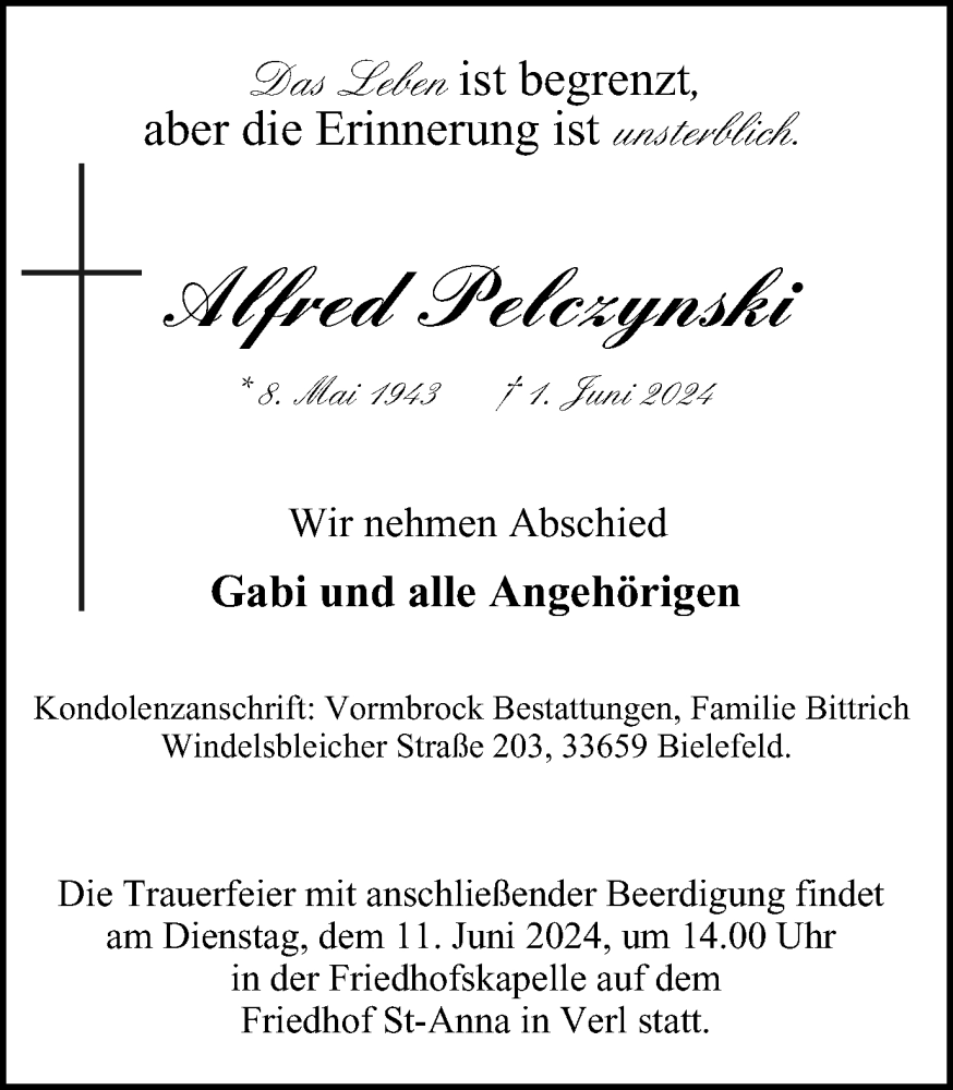  Traueranzeige für Alfred Pelczynski vom 08.06.2024 aus Tageszeitung