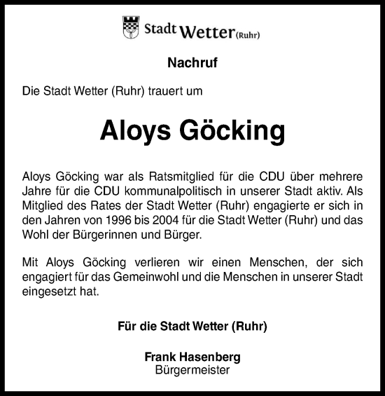 Traueranzeige von Aloys Göcking von Tageszeitung