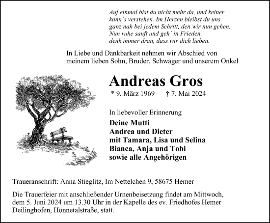 Traueranzeige von Andreas Gros von Tageszeitung