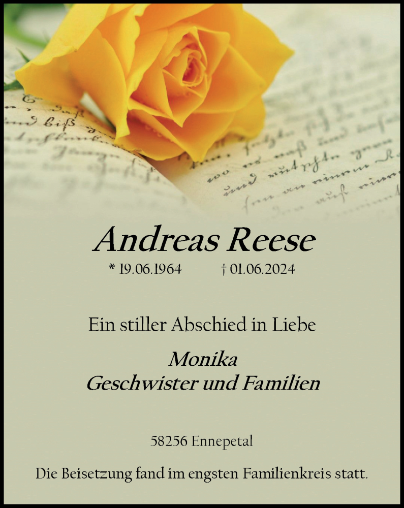  Traueranzeige für Andreas Reese vom 29.06.2024 aus Tageszeitung
