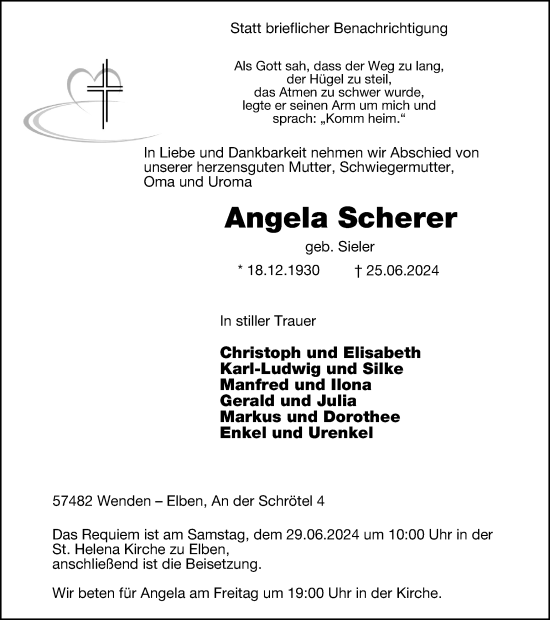 Traueranzeige von Angela Scherer von Tageszeitung