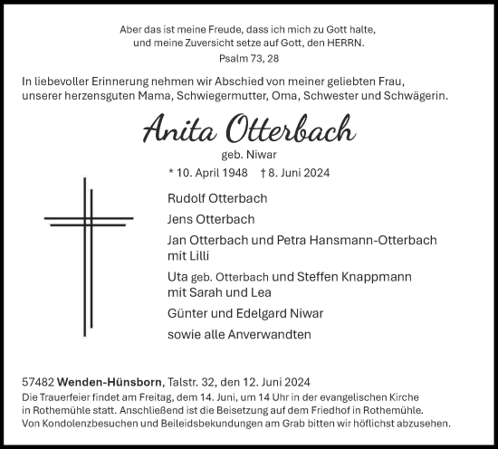 Traueranzeige von Anita Otterbach von Tageszeitung