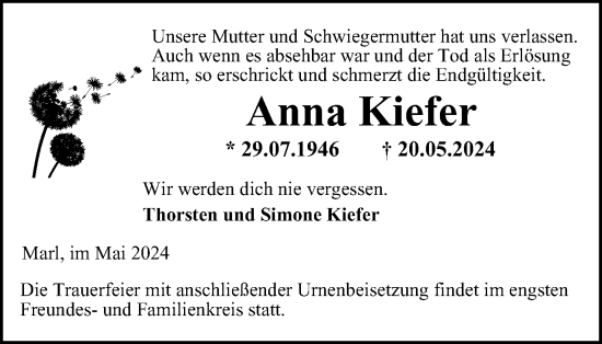 Traueranzeige von Anna Kiefer von Tageszeitung