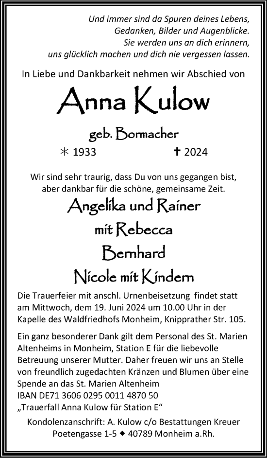 Traueranzeige von Anna Kulow von Tageszeitung