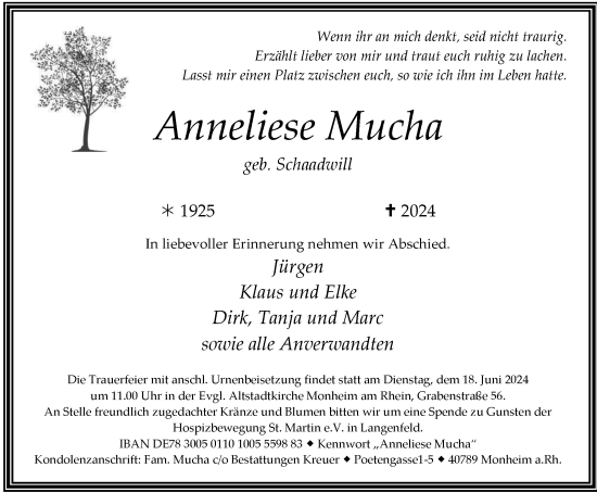 Traueranzeige von Anneliese Mucha von Tageszeitung