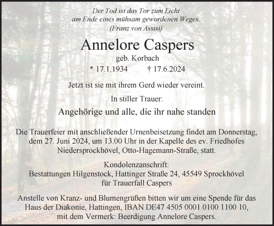 Traueranzeige von Annelore Caspers von Tageszeitung