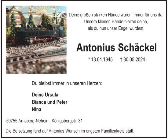 Traueranzeige von Antonius Schäckel von Tageszeitung