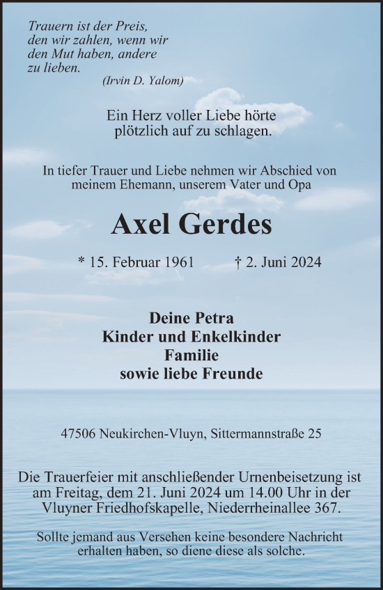Traueranzeige von Axel Gerdes von Tageszeitung