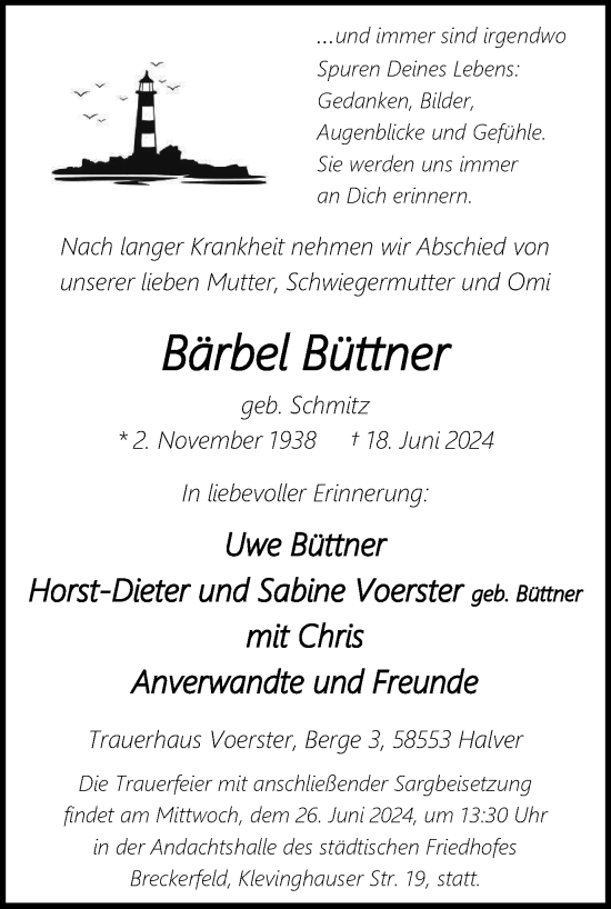 Traueranzeige von Bärbel Büttner von Tageszeitung