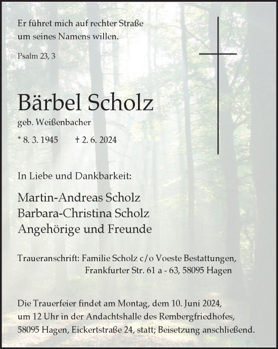 Traueranzeige von Bärbel Scholz von Tageszeitung