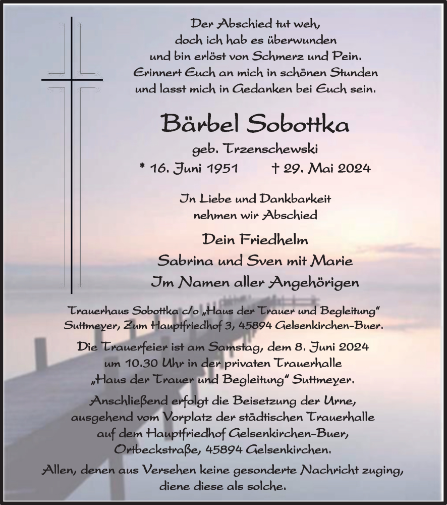  Traueranzeige für Bärbel Sobottka vom 05.06.2024 aus Tageszeitung