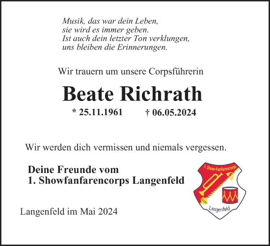 Traueranzeige von Beate Richrath von Tageszeitung