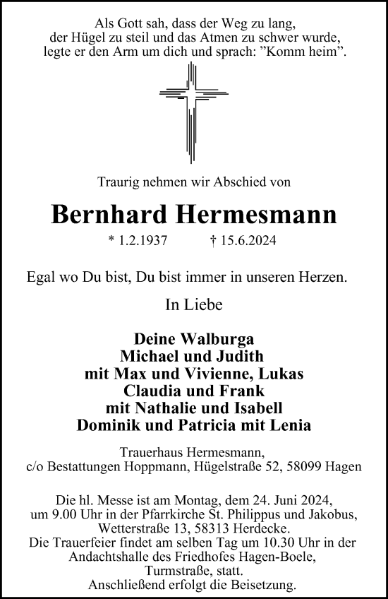 Traueranzeige von Bernhard Hermesmann von Tageszeitung