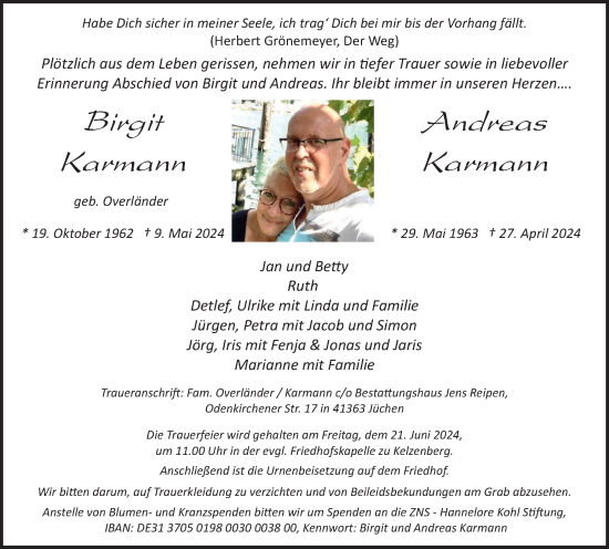Traueranzeige von Birgit und Andreas Karmann von Tageszeitung