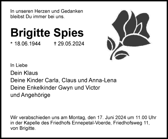 Traueranzeige von Brigitte Spies von Tageszeitung