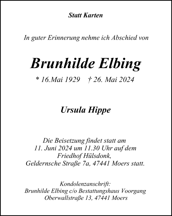 Traueranzeige von Brunhilde Elbing von Tageszeitung