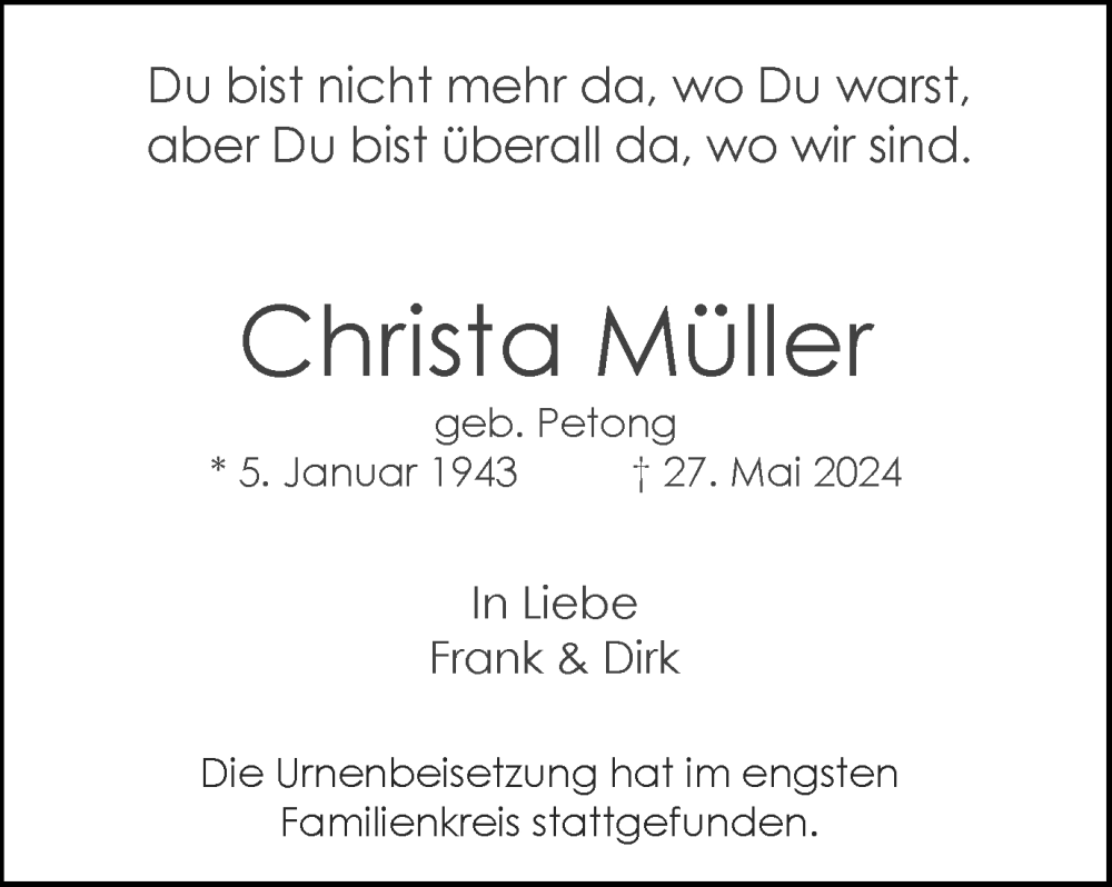  Traueranzeige für Christa Müller vom 22.06.2024 aus Tageszeitung
