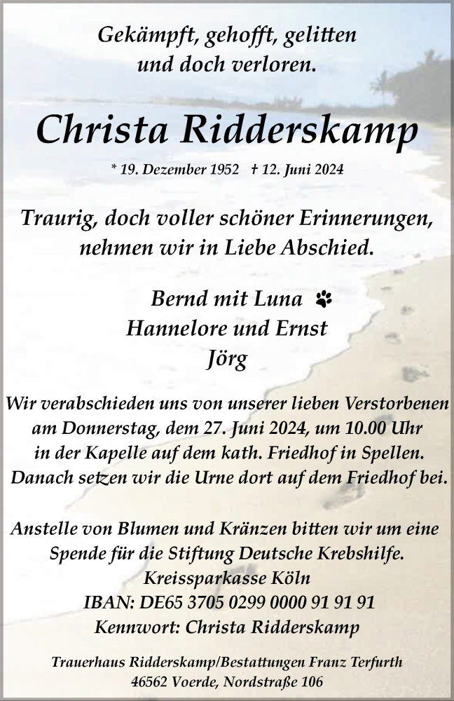  Traueranzeige für Christa Ridderskamp vom 22.06.2024 aus Tageszeitung