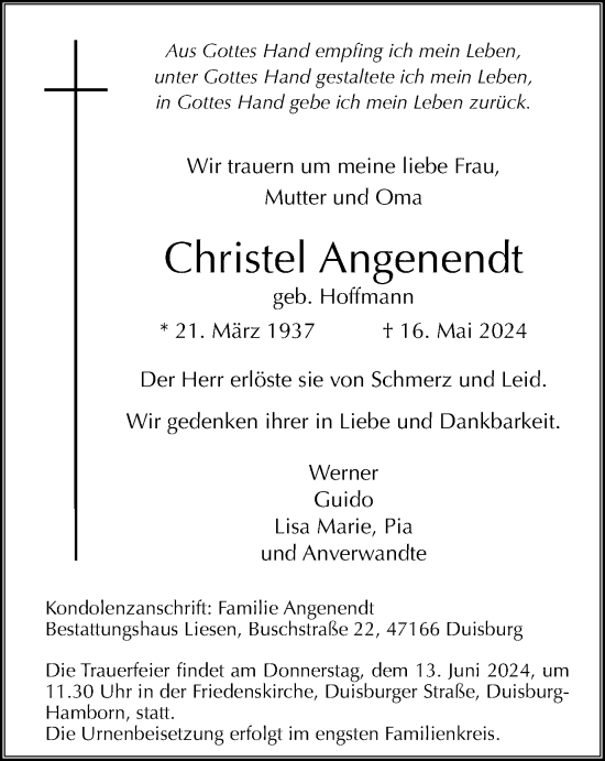 Traueranzeige von Christel Angenendt von Tageszeitung