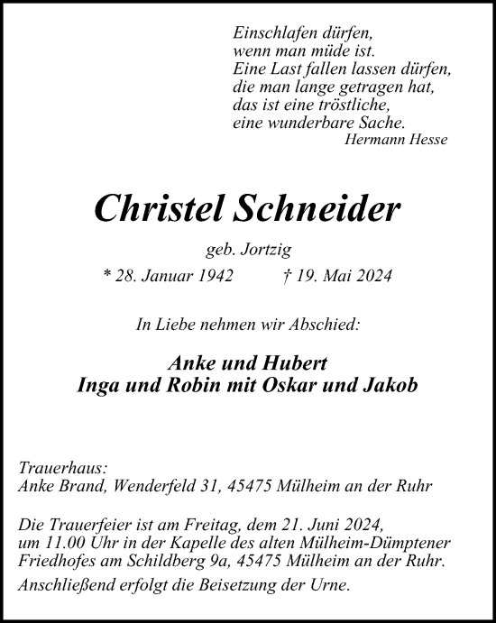 Traueranzeige von Christel Schneider von Tageszeitung