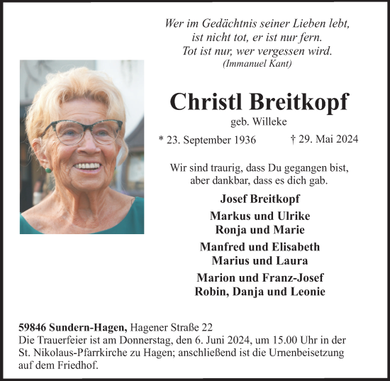 Traueranzeige von Christl Breitkopf von Tageszeitung