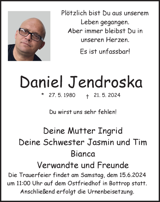 Traueranzeige von Daniel Jendroska von Tageszeitung