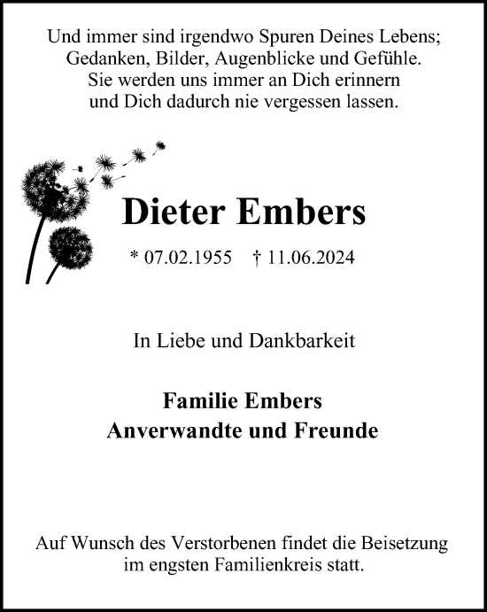 Traueranzeige von Dieter Embers von Tageszeitung