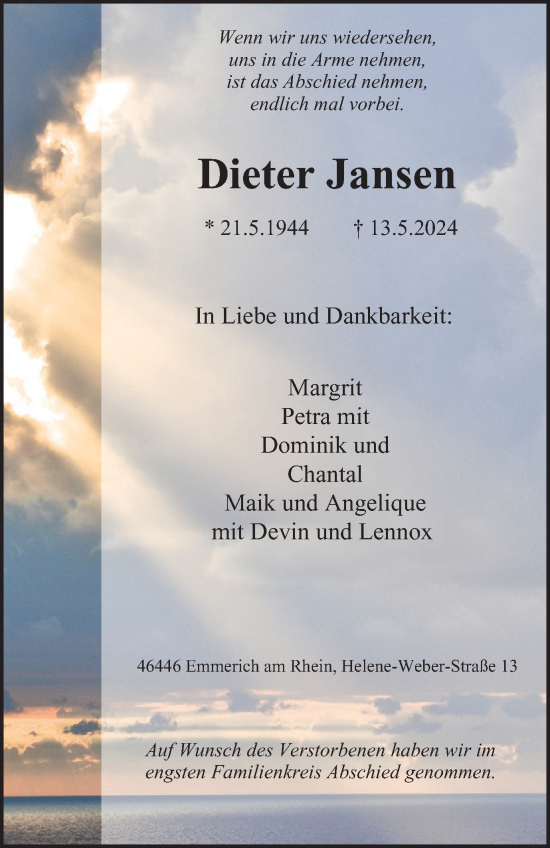 Traueranzeige von Dieter Jansen von Tageszeitung