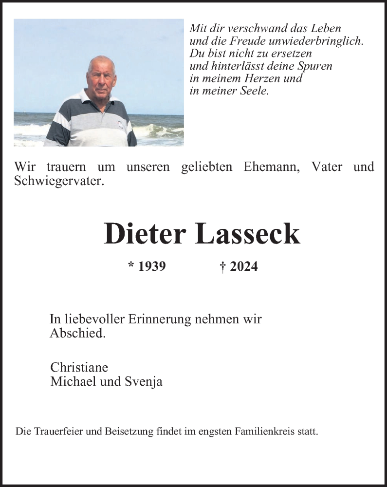  Traueranzeige für Dieter Lasseck vom 15.06.2024 aus Tageszeitung