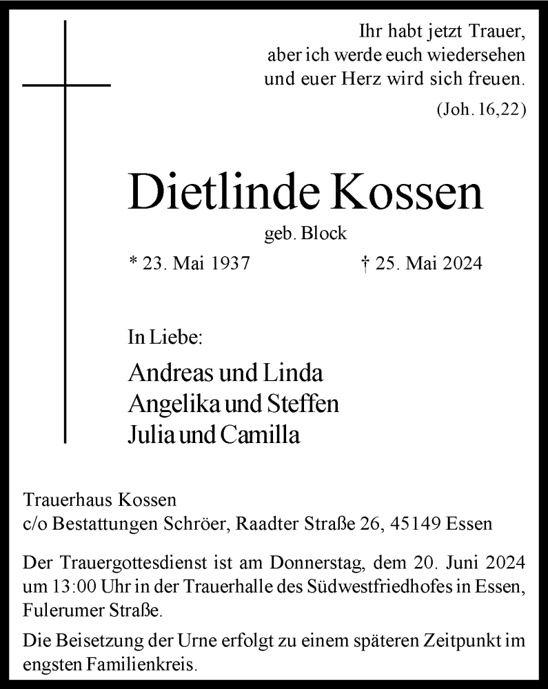  Traueranzeige für Dietlinde Kossen vom 15.06.2024 aus Tageszeitung