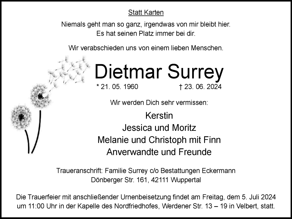  Traueranzeige für Dietmar Surrey vom 29.06.2024 aus Tageszeitung
