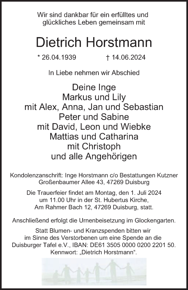  Traueranzeige für Dietrich Horstmann vom 22.06.2024 aus Tageszeitung